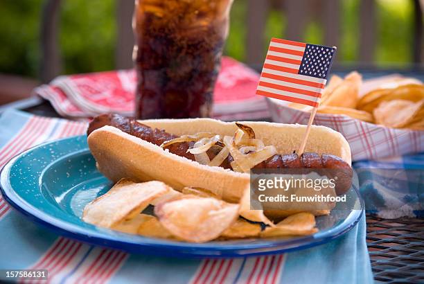 barbeque hot dog, 4. juli picknick-tisch & patriotische speisen - memorial day dog stock-fotos und bilder