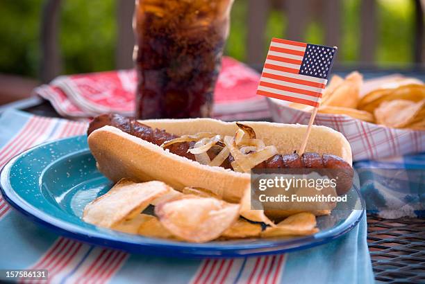 barbeque hot dog, fourth of july picnic table & patriotic food - memorial day dog stock pictures, royalty-free photos & images