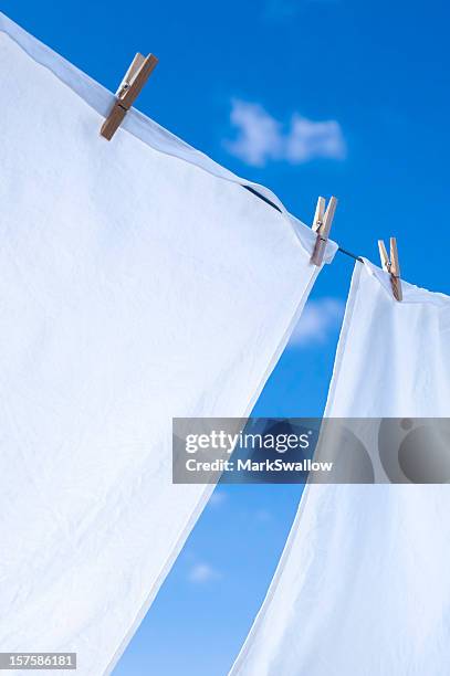 ホワイトのクローズアップの青空の下で物干しロープ - 洗濯バサミ ストックフォトと画像