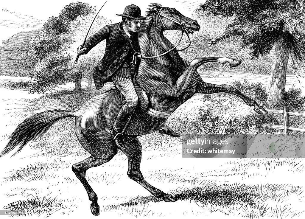 Victorian man riding a rearing horse