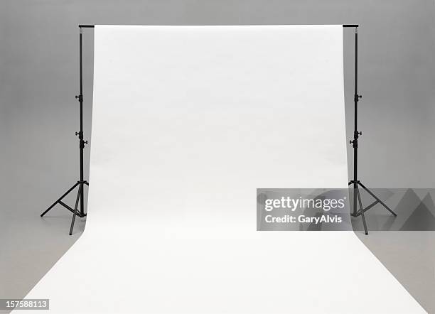 seamless white background paper hanging on stands-isolated on grey - photo shoot studio bildbanksfoton och bilder