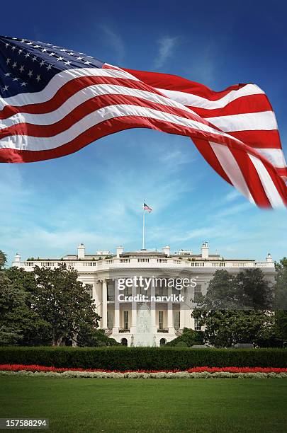 american flag in front of the white house - white house washington dc stock pictures, royalty-free photos & images