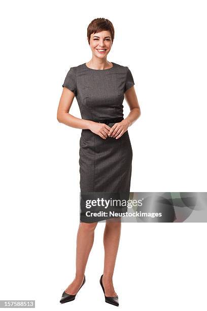 businesswoman in gray dress isolated on white - well dressed woman stock pictures, royalty-free photos & images