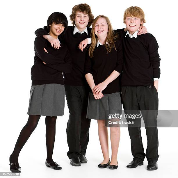 early teen students: full length portrait of uniformed school friends - school class photo stock pictures, royalty-free photos & images