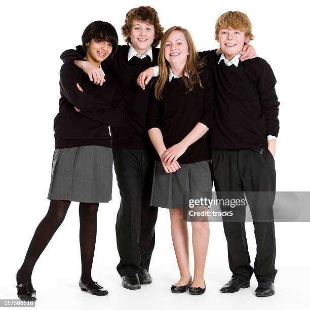 early teen students: full length portrait of uniformed school friends - skolfoto bildbanksfoton och bilder