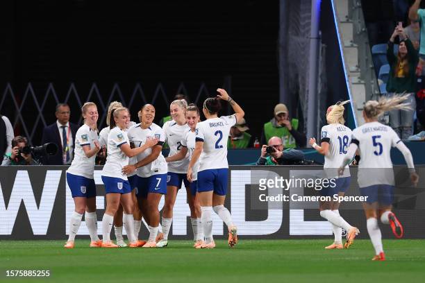 Lauren James of England celebrates with teammates after scoring her team's first goal during the FIFA Women's World Cup Australia & New Zealand 2023...