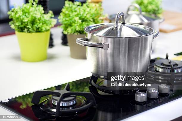 padella di cottura sul fornello hot-burner - stew pot foto e immagini stock