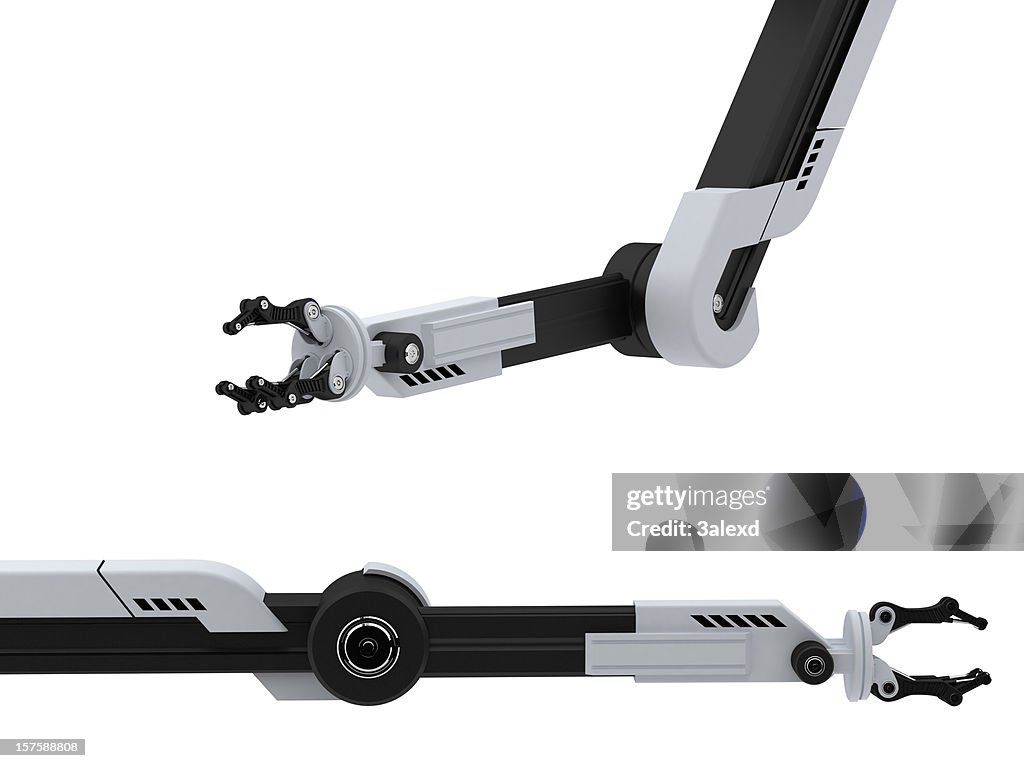 Two white and black robotic arms