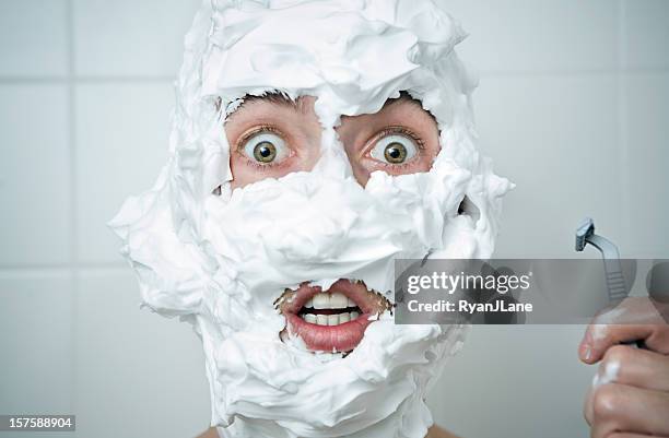 shaving cream disaster - man shaving face stock pictures, royalty-free photos & images