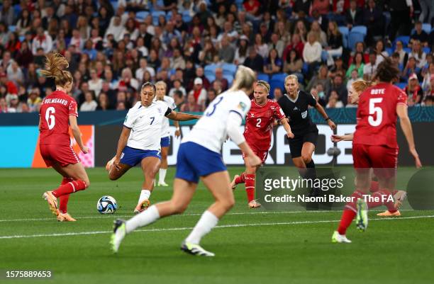 Lauren James of England scores her team's first goal during the FIFA Women's World Cup Australia & New Zealand 2023 Group D match between England and...