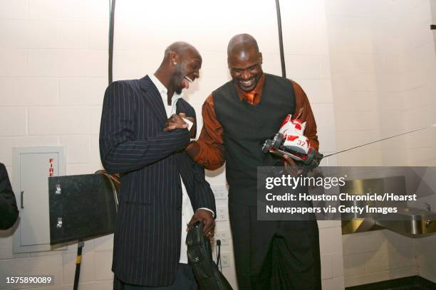 Minnesota Timberwolves' Kevin Garnett shares a laugh with Shaquille O'Neal before All Star Game. Sunday, Feb. 19 at Toyota Center in Houston. O'Neal...