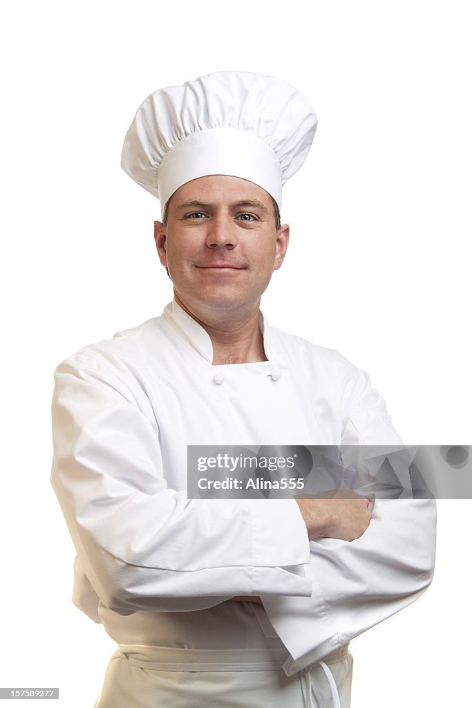 Portrait of happy smiling cook in  chefs hat and uniform