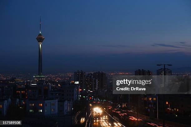 tehran skyline and milad tower - tehran night stock pictures, royalty-free photos & images