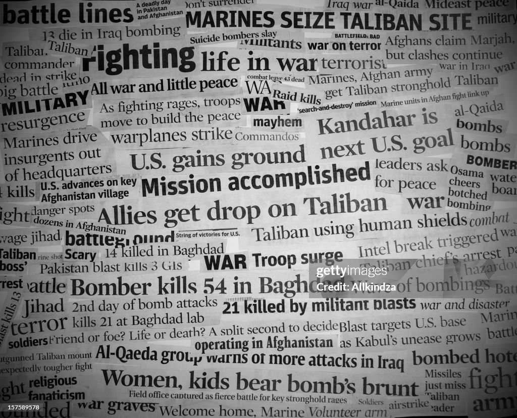 War headlines black and white with vignette