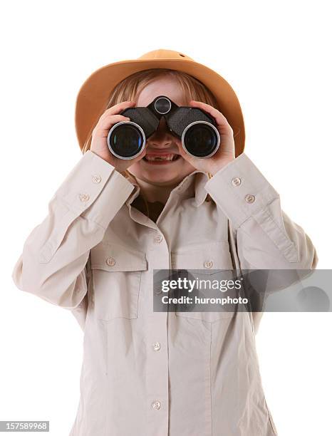 safari girl with binoculars - safari stockfoto's en -beelden