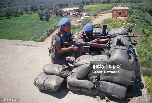 Iranian peacekeeping troops guarding their encampment near the Litani River in Lebanon, March 24th 1978.