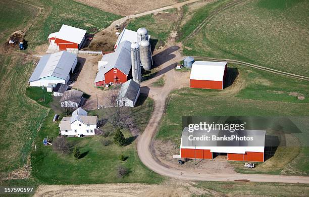 aerial view of a farm in early spring - aerial barn stock pictures, royalty-free photos & images