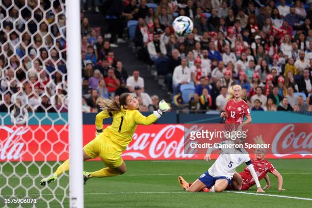 Rikke Marie Madsen of Denmark shoots at goal during the FIFA Women's World Cup Australia & New Zealand 2023 Group D match between England and Denmark...