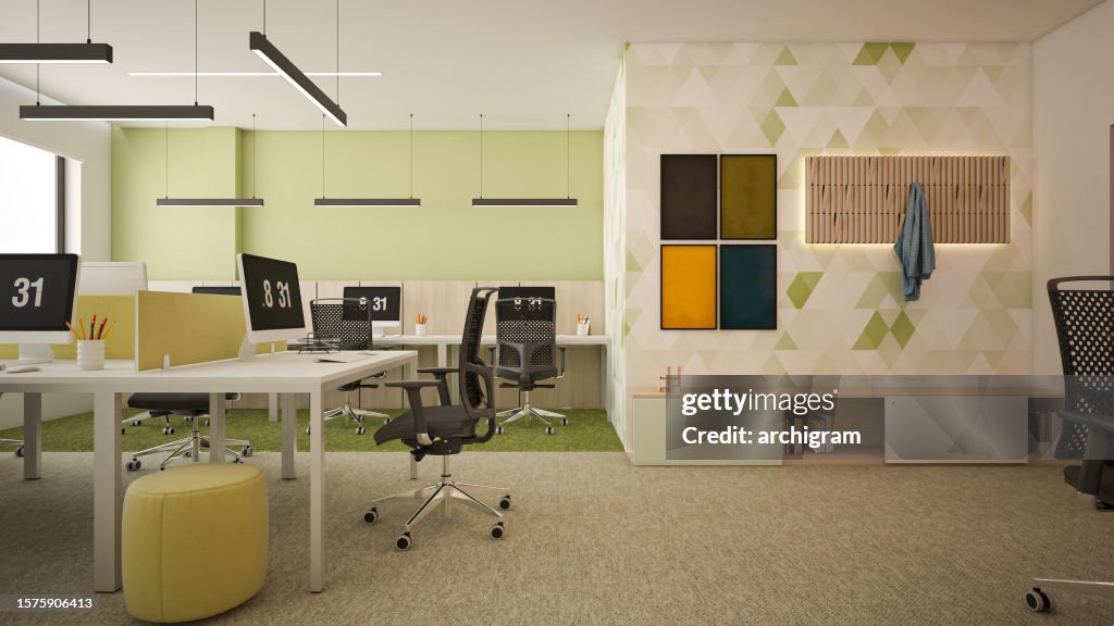 Innenarchitektur. Computergeneriertes Bild des Büros. Architektonische Visualisierung. 3D-Rendern. Stockfotografie