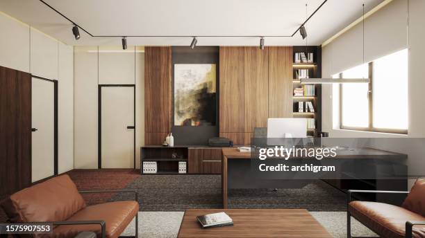 director office. interior design. computer generated image of office. architectural visualization. 3d render. stock photo - kantoor stockfoto's en -beelden