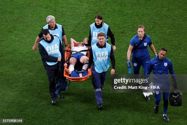 Keira Walsh of England is stretched off after an injury during the FIFA Women's World Cup Australia & New Zealand 2023 Group D match between England...