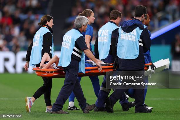 Keira Walsh of England is stretched off after an injury during the FIFA Women's World Cup Australia & New Zealand 2023 Group D match between England...
