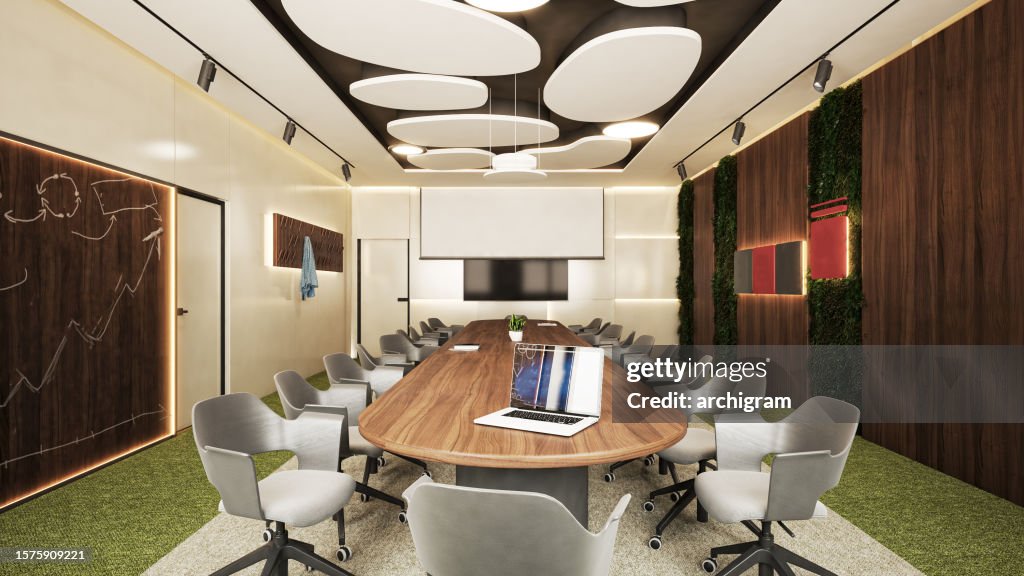 Innenarchitektur. Computergeneriertes Bild des Büros. Sitzungssaal des Vorstands. Architektonische Visualisierung. 3D-Rendern. Stockfotografie