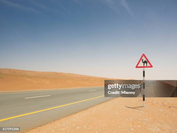 camel crossing sign empty desert highway - camel crossing sign stock pictures, royalty-free photos & images