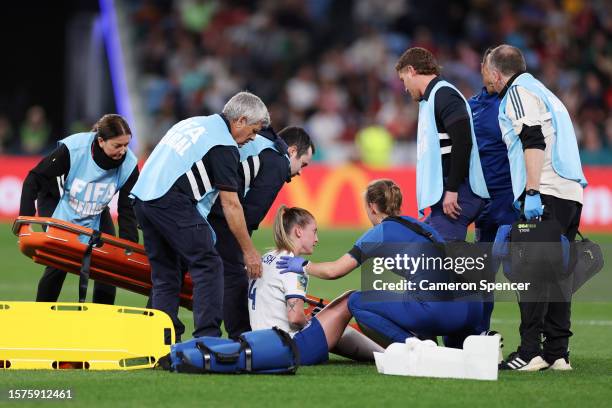 Keira Walsh of England receives medical treatment after an injury during the FIFA Women's World Cup Australia & New Zealand 2023 Group D match...