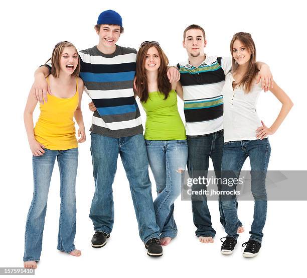 five teen friends - laughing teen stockfoto's en -beelden