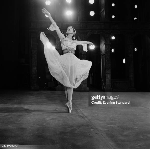 British ballerina Margot Fonteyn during rehearsals for a gala matinee at the Theatre Royal in Drury Lane, London, November 25th 1959. The performance...