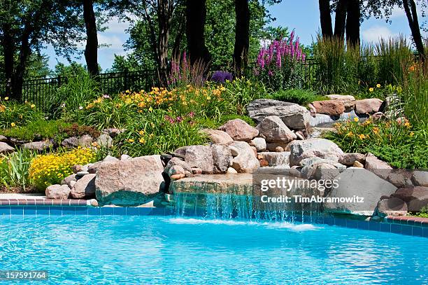 the beautiful poolside of a waterfall with rocks - landscaped flowers stock pictures, royalty-free photos & images