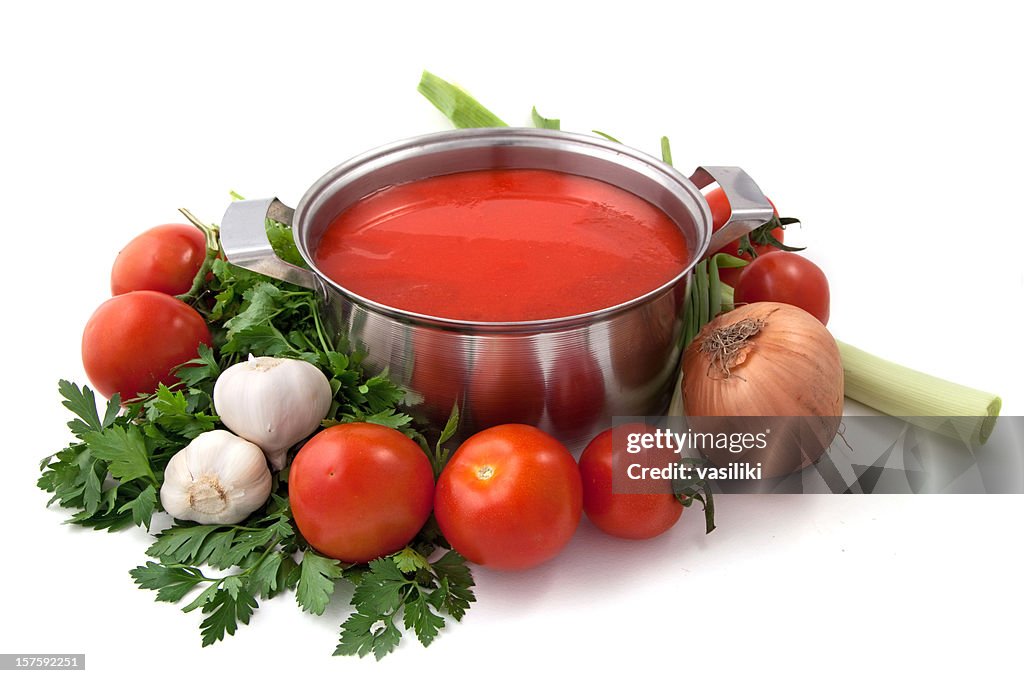 Pan of homemade tomato sauce with vegetables
