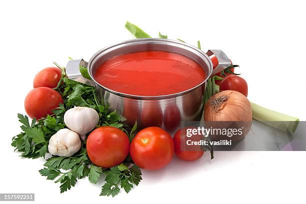 pan of homemade tomato sauce with vegetables - tomato sauce isolated stock pictures, royalty-free photos & images