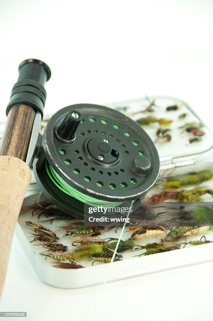 Fly Fishing Rod,Reel and Flies Close-up