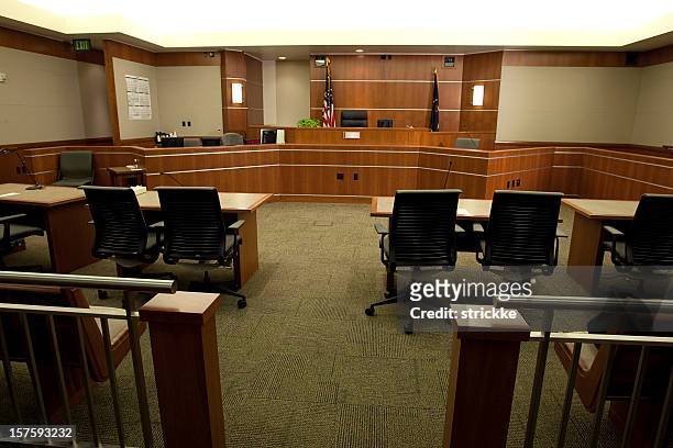 modern courtroom wide angle from gallery's point-of-view - rättssal bildbanksfoton och bilder