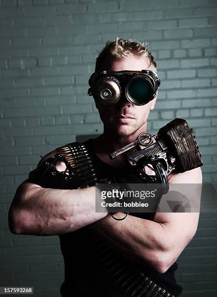 furistic male with cyborg goggles and weapon - night vision stock pictures, royalty-free photos & images