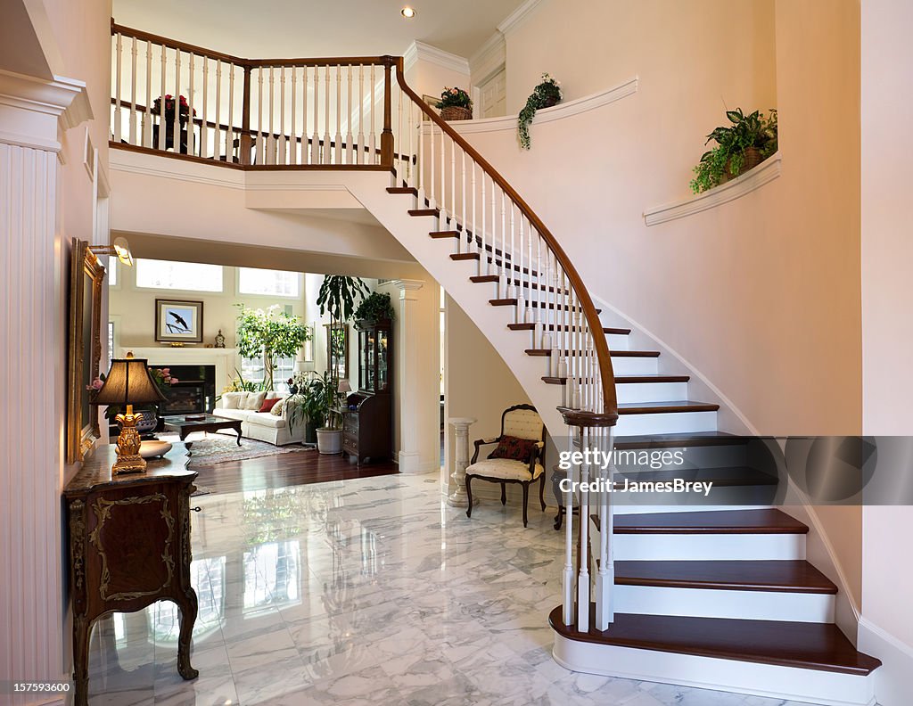White Grand Foyer Staircase Marble Floor Showcase Home Interior Design ...