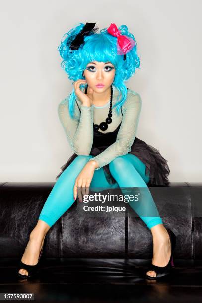 manga girl looking surprised - girl with blue hair stock pictures, royalty-free photos & images