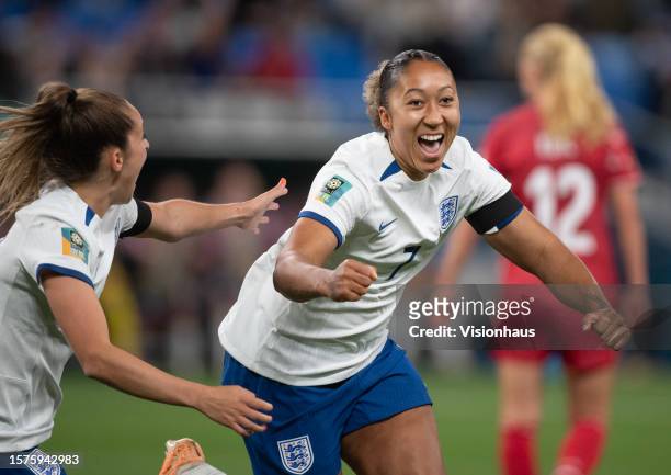 Lauren James of England celebrates scoring during the FIFA Women's World Cup Australia & New Zealand 2023 Group D match between England and Denmark...
