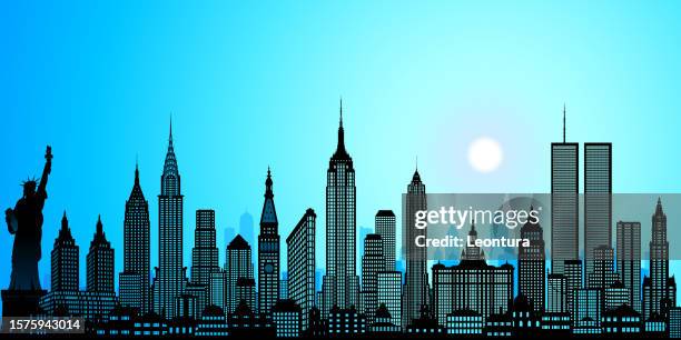 illustrations, cliparts, dessins animés et icônes de tours jumelles et skyline de new york (tous les bâtiments sont mobiles et complets) - new york city skyline twin towers