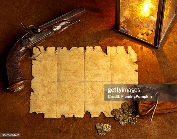 blank paper with antique pistol and gold coins. horizontal. - wanted poster background stock pictures, royalty-free photos & images