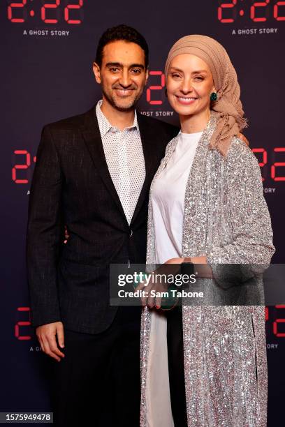 Waleed Aly and Susan Carland attend the opening night of "2:22 - A Ghost Story" at Her Majesty's Theatre on July 28, 2023 in Melbourne, Australia.