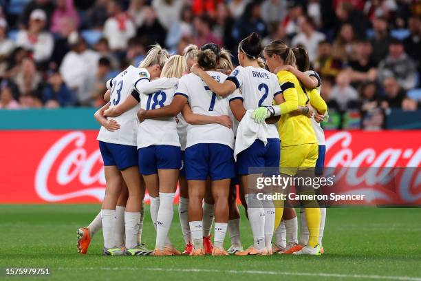 England players enter a huddle during the FIFA Women's World Cup Australia & New Zealand 2023 Group D match between England and Denmark at Sydney...