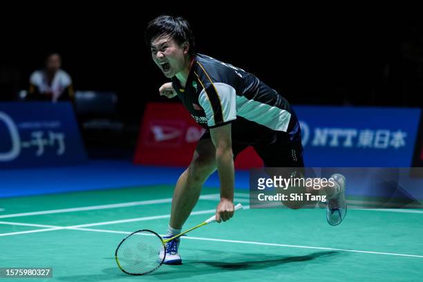He Bingjiao of China reacts in the Women's Singles Quarter Finals match against Beiwen Zhang of the United States on day four of the Japan Open at...