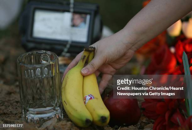 Michelle Villegas places fruit on her brother's alter while her family observe the Day of the Dead by visiting her son John Paul Villegas at...