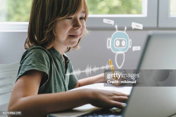 child using system ai chatbot in computer or mobile application. chatbot conversation, ai artificial intelligence technology. openai generate. futuristic technology. virtual assistant on internet. - robot chatbot stock pictures, royalty-free photos & images