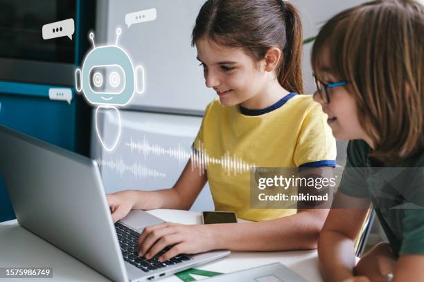 children using system ai chatbot in computer or mobile application. chatbot conversation, ai artificial intelligence technology. openai generate. futuristic technology. virtual assistant on internet. - robot chatbot stock pictures, royalty-free photos & images