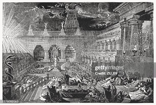 ilustraciones, imágenes clip art, dibujos animados e iconos de stock de belshazzar's feast (daniel 5), grabado en madera, publicado en 1835 - assyrian women