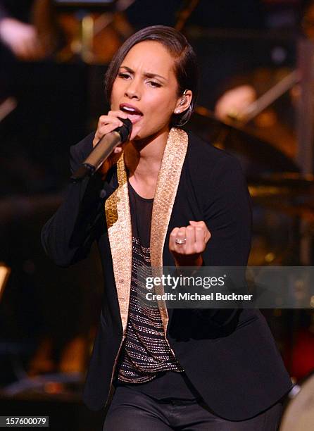 Singer Alicia Keys performs onstage during a celebration of Carole King and her music to benefit Paul Newman's The Painted Turtle Camp at the Dolby...